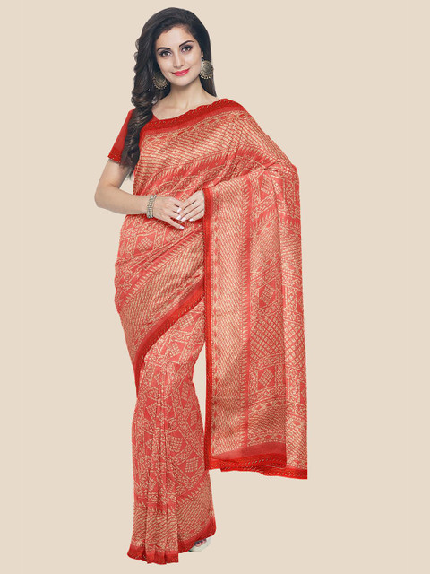 

Kalamandir Women Red Bandhani Embroidered Silk Blend Saree