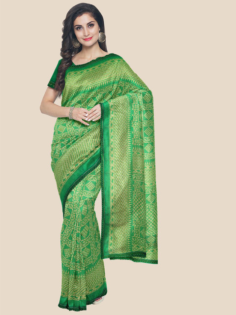 

Kalamandir Green & Gold-Toned Bandhani Zari Silk Blend Saree