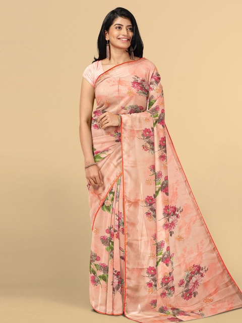 

Kalamandir Peach-Coloured & Green Floral Silk Blend Saree