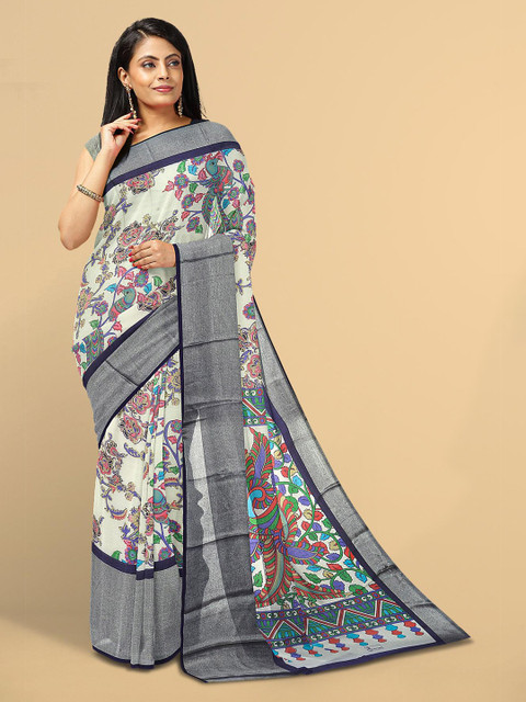 

Kalamandir Cream-Coloured Kalamkari Silk Blend Saree