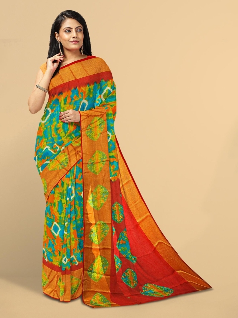 

Kalamandir Teal & Red Bandhani Silk Blend Saree