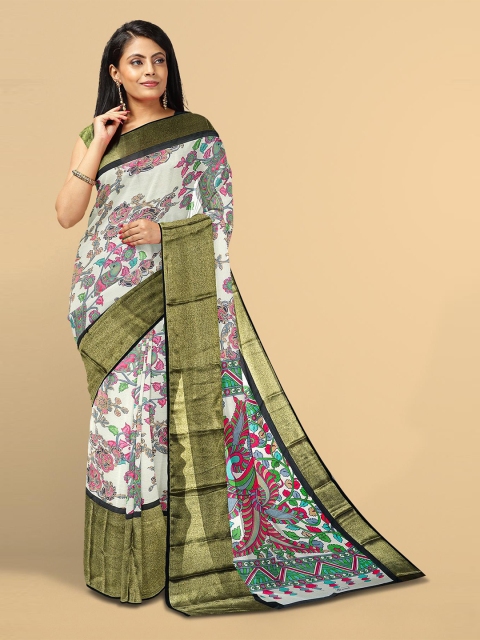 

Kalamandir Cream-Coloured & Red Kalamkari Silk Blend Saree