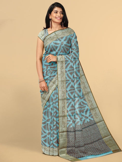

Kalamandir Women Sea Green & Gold-Toned Abstract Print Silk Blend Saree