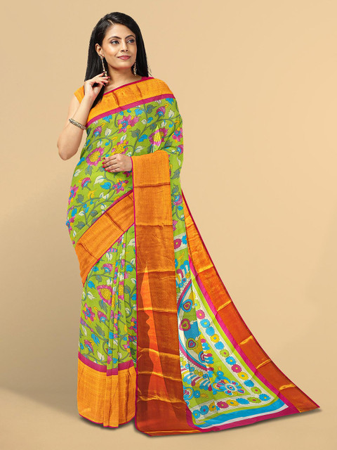 

Kalamandir Green & Orange Kalamkari Silk Blend Saree