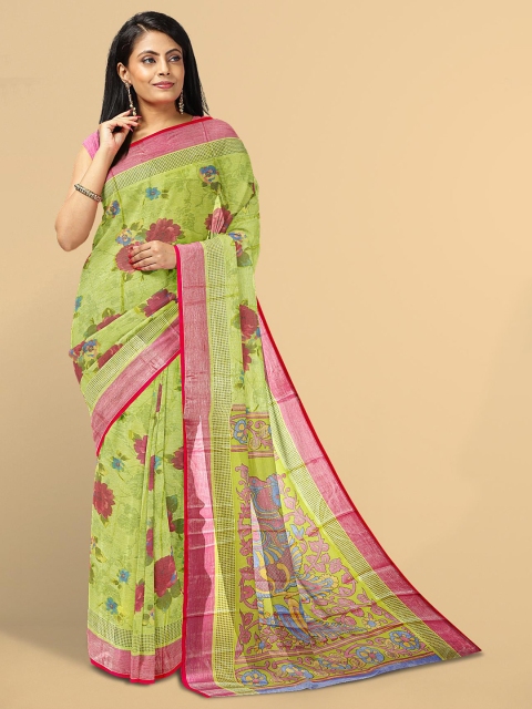 

Kalamandir Women Olive Green & Pink Floral Print Silk Blend Saree