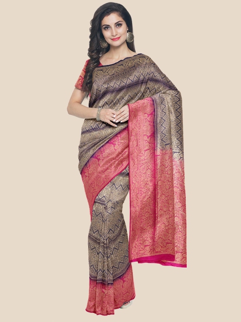 

Kalamandir Navy Blue & Pink Floral Zari Silk Blend Saree