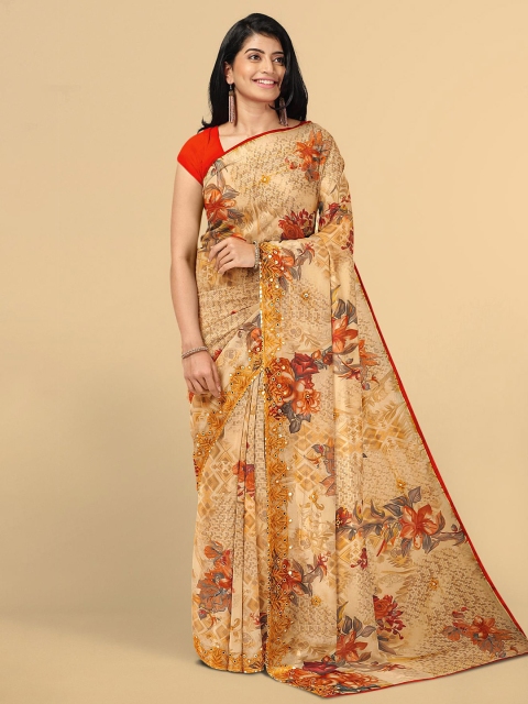 

Kalamandir Cream-Coloured & Red Floral Mirror Work Saree