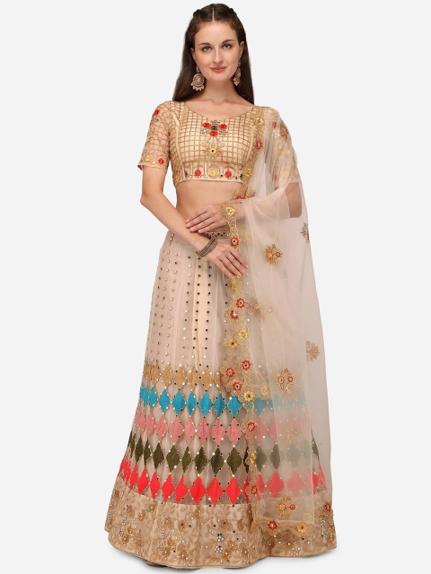 

Mameraa Gold-Toned & Off White Embroidered Mirror Work Khari Print Semi-Stitched Lehenga & Unstitched Blouse