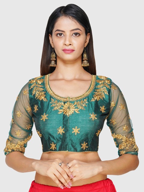 

Trendzmy Women Green & Glod Embroidered Silk Readymade Saree Blouse