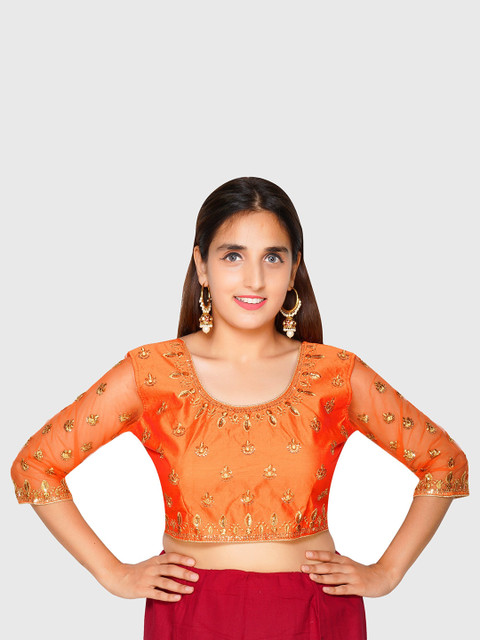 

Trendzmy Women Orange Silk Embroidered Saree Blouse