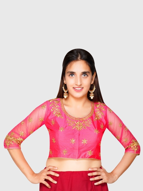 

Trendzmy Women Pink Embroidered Silk Readymade Saree Blouse