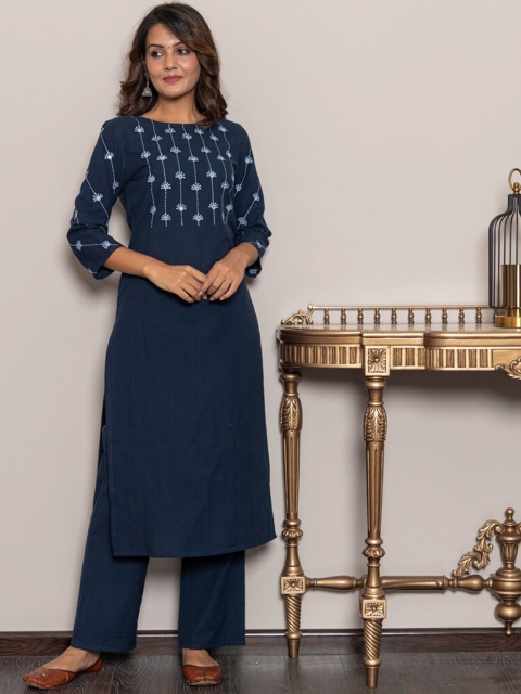 

CRAFTED FOR YOU Women Navy Blue Embroidered Mirror Work Pure Cotton Kurta with Trouser