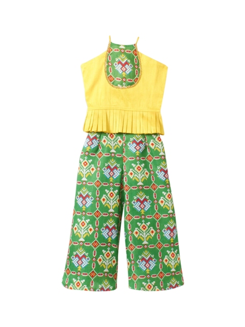 

Hopscotch Girls Yellow Floral Printed Pleated Pure Cotton Kurti with Sharara
