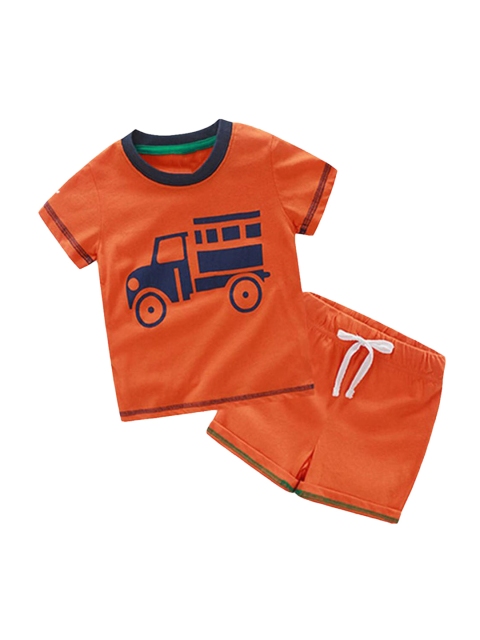 

Hopscotch Boys Orange & Blue Printed Pure Cotton T-shirt with Shorts