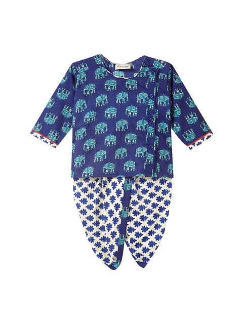 

Hopscotch Boys Blue Printed Angrakha Pure Cotton Kurti with Salwar