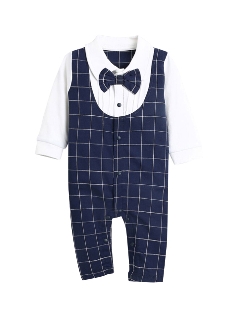 

Boys Navy Blue & White Checked Full Sleeves Applique Bow Bodysuit