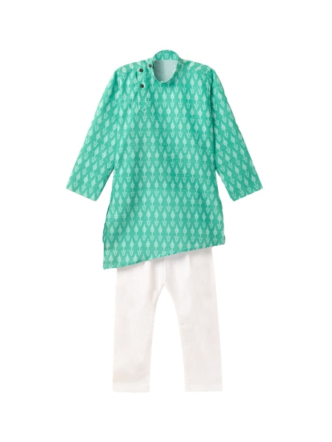 

Hopscotch Boys Green Ethnic Motifs Printed Pure Cotton Kurta with Pyjamas