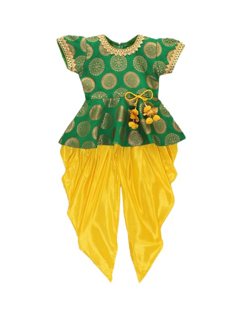 

Hopscotch Girls Green Ethnic Motifs Empire Kurti with Dhoti Pants
