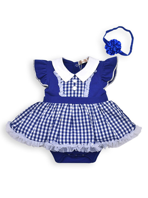 

Hopscotch Girls Blue Checked Cotton Peter Pan Collar Dress
