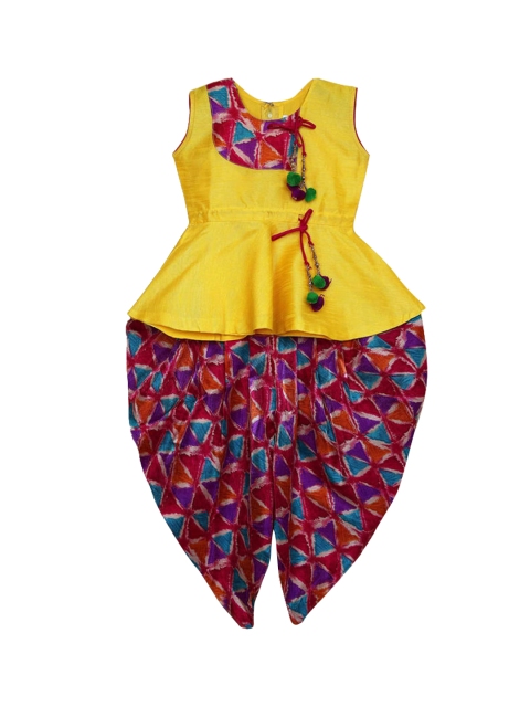 

Hopscotch Girls Yellow Tiered Kurta with Skirt & With Dupatta