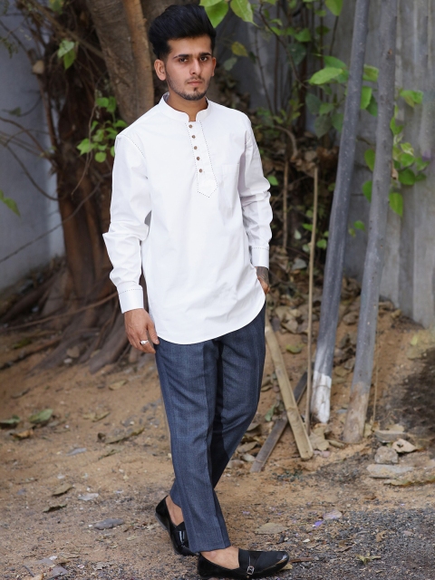 

FRENCH CROWN Men White Standard Formal Solid Kurtis Style Cotton Shirt