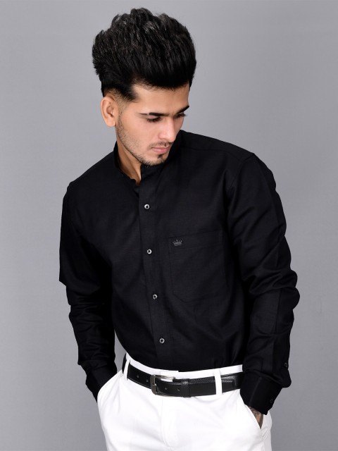 

FRENCH CROWN Men Black Solid Standard Linen Formal Shirt
