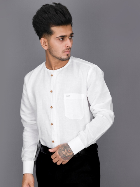 

FRENCH CROWN Men White Collarless Party Linen Shirt