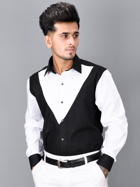 

FRENCH CROWN Men White & Black Standard Colourblocked Party Shirt