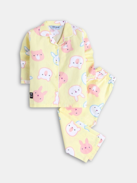 

Hopscotch Girls Yellow & Pink Printed Pure Cotton Night suit