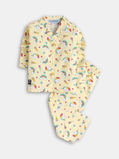 

Hopscotch Girls Yellow & White Pure Cotton Printed Night suit