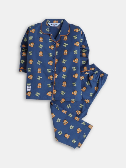 

Hopscotch Girls Navy Blue & Orange Printed Night suit