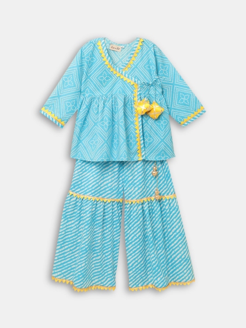

Hopscotch Girls Blue Printed Angrakha Pure Cotton Kurta with Sharara