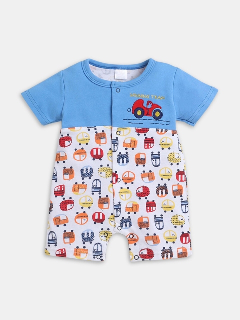 

Hopscotch Boys Blue Vehicle Printed Cotton Rompers