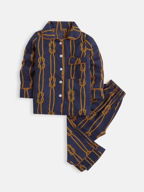 

Hopscotch Girls Navy Blue & Mustard Printed Pure Cotton Night suit