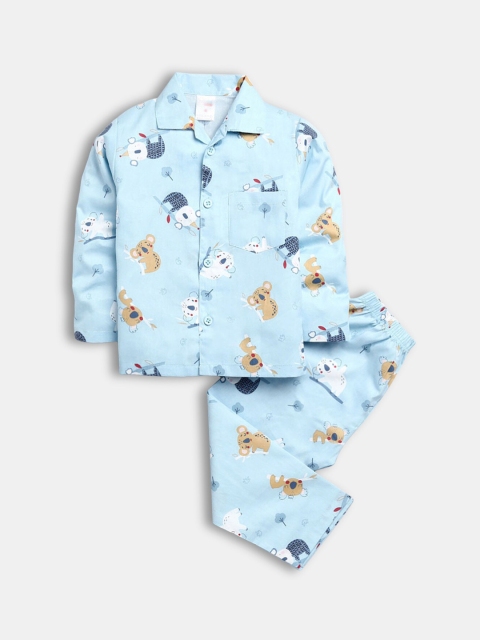 

Hopscotch Boys Blue & White Printed Cotton Night suit