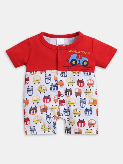 

Hopscotch Infant Boys Red & White Vehicle Printed Pure-Cotton Rompers