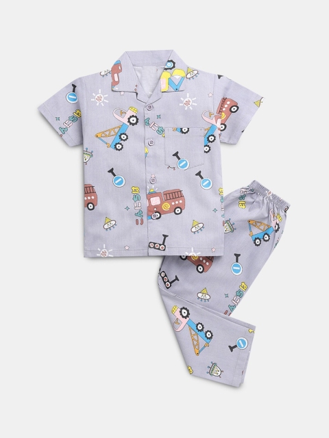 

Hopscotch Boys Grey Printed Pure Cotton Night suit
