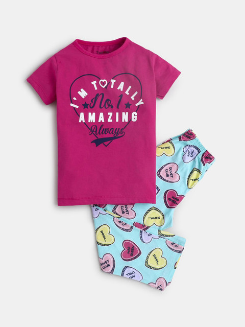 

Hopscotch Girls Pink & Blue Printed Pure Cotton Night suit