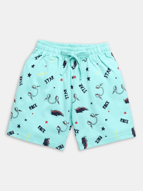

Hopscotch Boys Turquoise Blue Conversational Printed Shorts