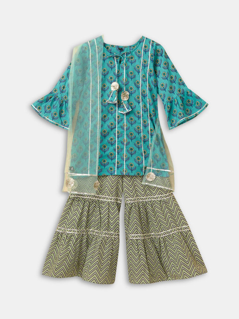 

Hopscotch Girls Blue Pure Cotton Kurta with Churidar & With Dupatta