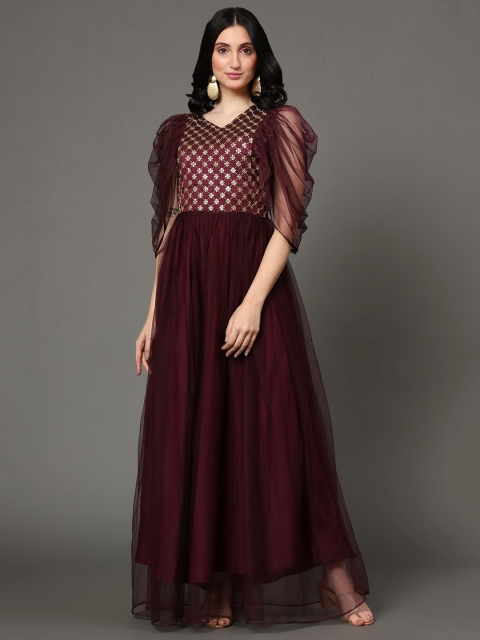 

VAANI CREATION Women Maroon Net Maxi Dress