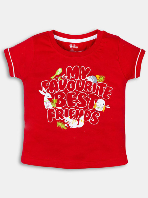 

Hopscotch Girls Red Typography Printed Pure Cotton T-shirt