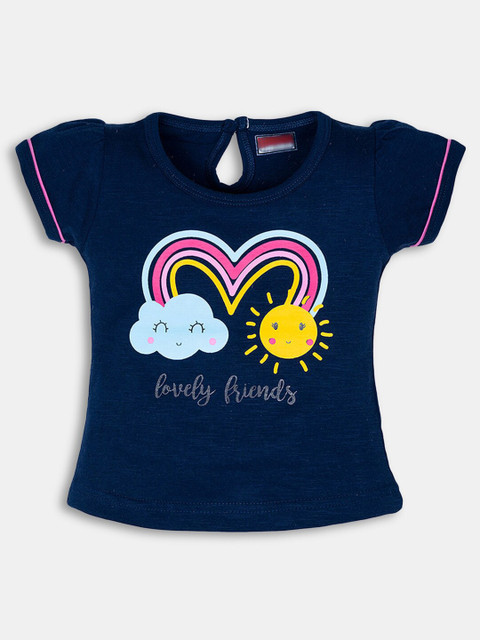 

Hopscotch Girls Blue Printed Puff Sleeves T-shirt