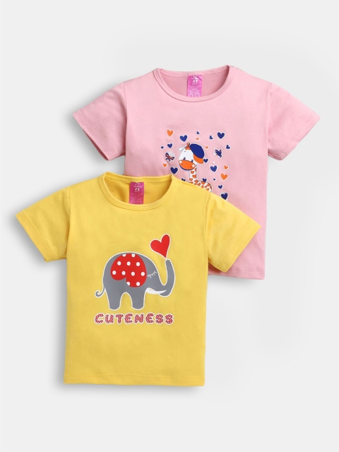 

Hopscotch Girls Pack Of 2 Yellow & Pink Graphic Printed T-shirt