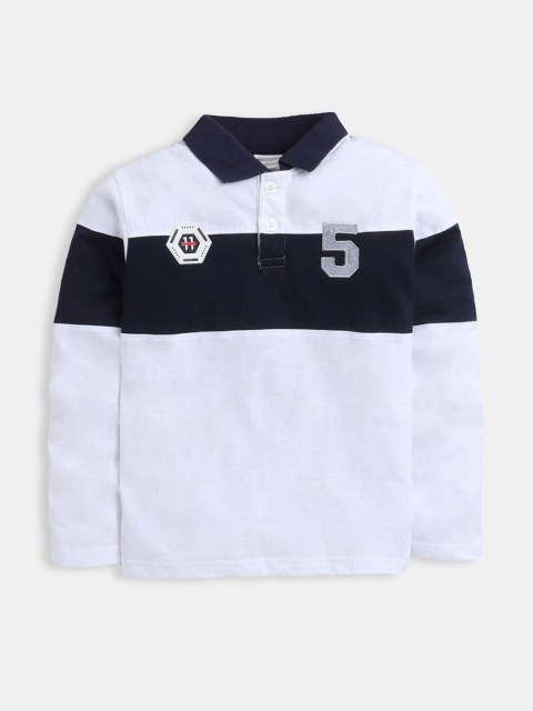 

Hopscotch Boys White & Black Colourblocked Polo Collar Cotton T-shirt