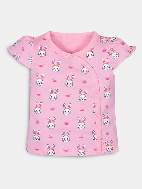 

Hopscotch Girls Pink Printed Pure Cotton V-Neck T-shirt