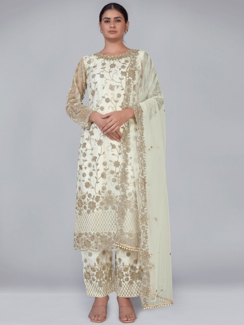 

MONJOLIKA FASHION Women White Floral Embroidered Net Kurta with Trousers & With Dupatta