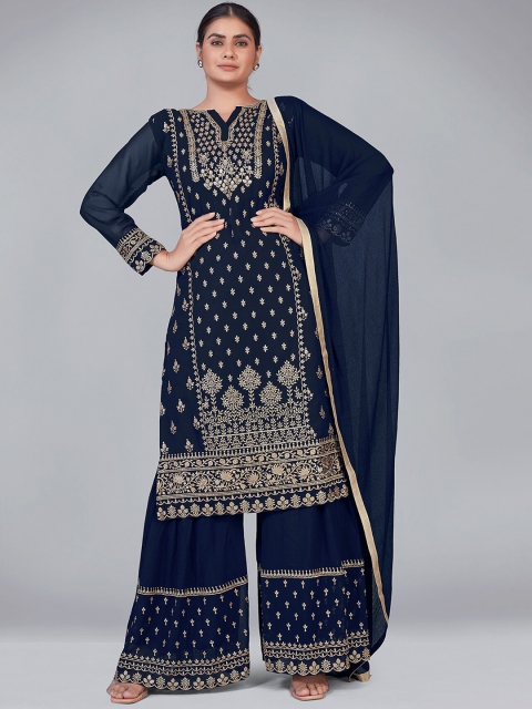 

MONJOLIKA FASHION Women Navy Blue Embroidered Kurta with Sharara & With Dupatta