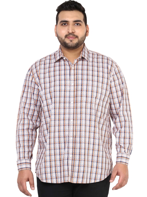 

John Pride Plus Size Men White Orange Smart Fit Checked Casual Shirt