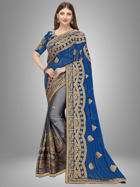 

Trendmalls Blue & Grey Floral Embroidered Pure Silk Saree